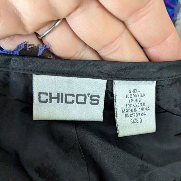 Vintage Chicos Silk Jacket Topper Blazer S Blue Black Art Eclectic Funky Floral - Picture 11 of 11